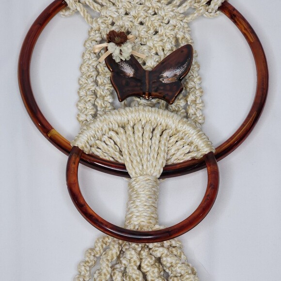 Macrame VTG Towel Holder with Ceramic Butterfly Holder 2 4" Wall Hanging Boho - Picture 4 of 12